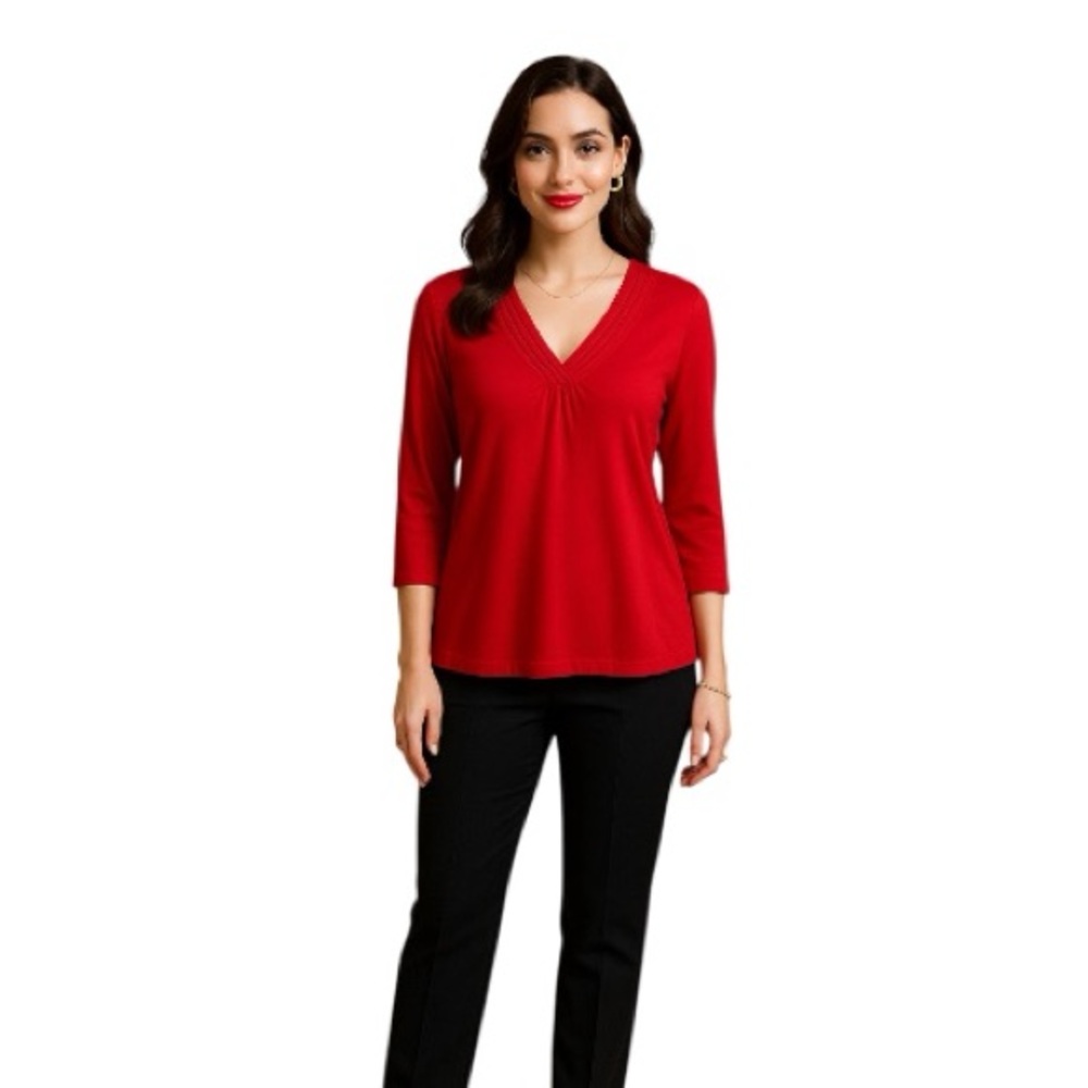 L.L.Bean Red Supima Cotton V-Neck Pleated Trim Top Women’s M Reg‎ 3/4 Sleeve